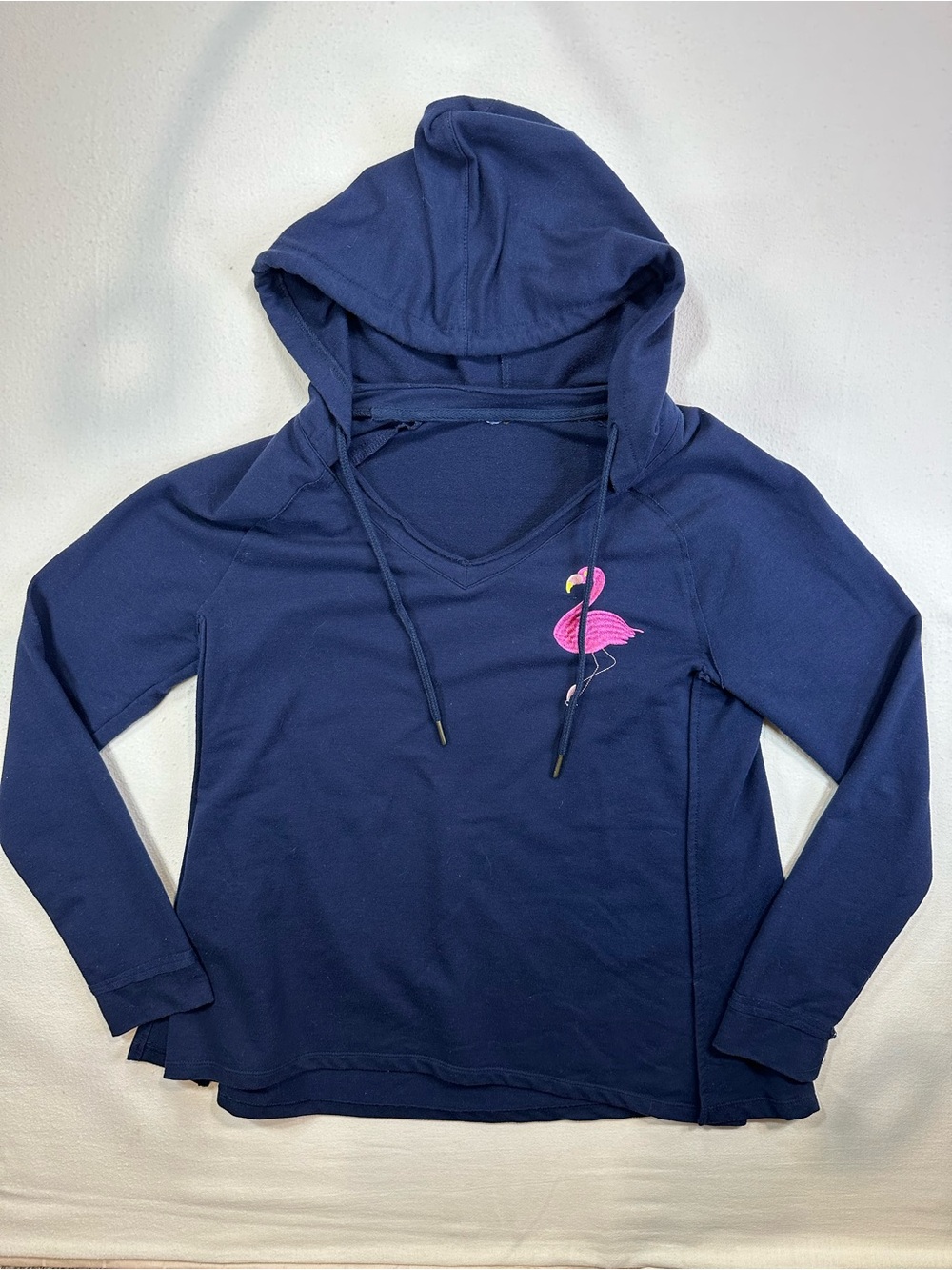 Crown & Ivy Navy Flamingo Beaded Hoodie V-Neck Stretch Pullover Embroidered EUC